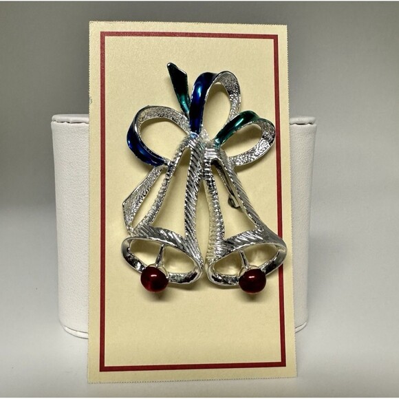 Vintage GERRY'S Christmas BELL Brooch Pin Silver Tone Enamel 2-1/4" Beautiful - Picture 12 of 12